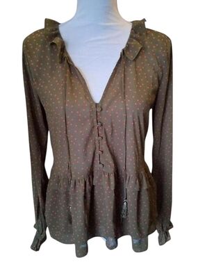 Abercrombie & Fitch Olive Green Peplum Blouse with Orange Dot Accents